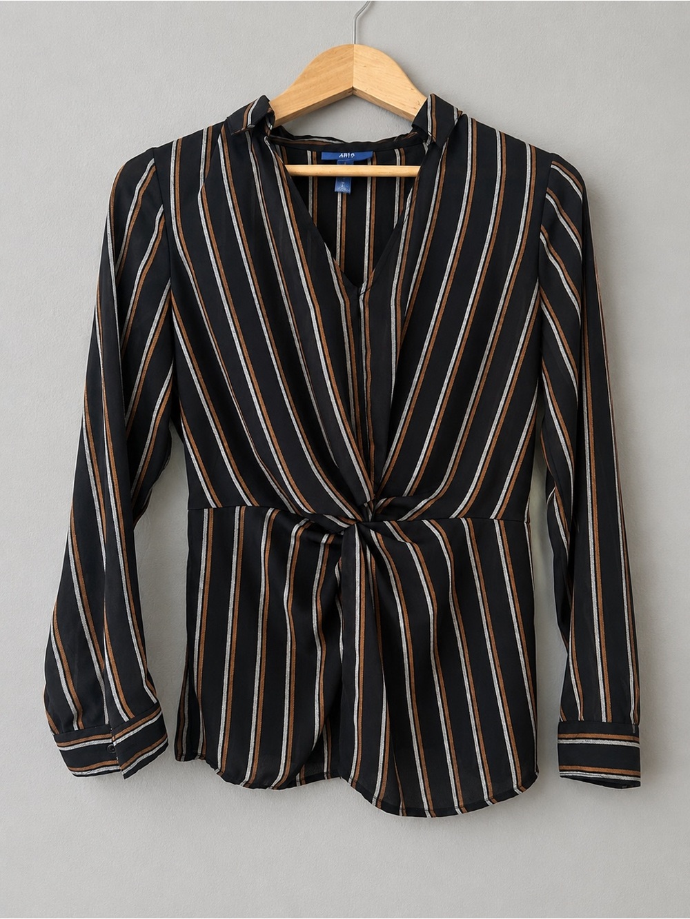 APT. 9 Women’s Small Striped Twist Front Blouse Black Rust Long Sleeve Top